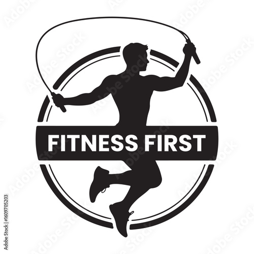 Silhouette of man jumping rope with fitness first logo in circle