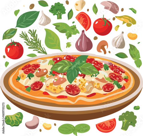 A colorful illustration of a pizza on a plate with fresh ingredients like tomatoes, basil, garlic, and mushrooms.