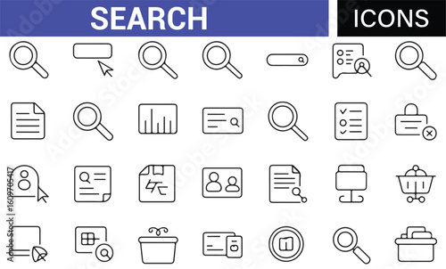 Search Icons Set Featuring Magnifying Glass, Documents, and File Search Symbols