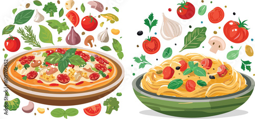 Delicious Italian pizza and spaghetti pasta surrounded by fresh, colorful ingredients like tomatoes, garlic, and basil in a vector illustration.