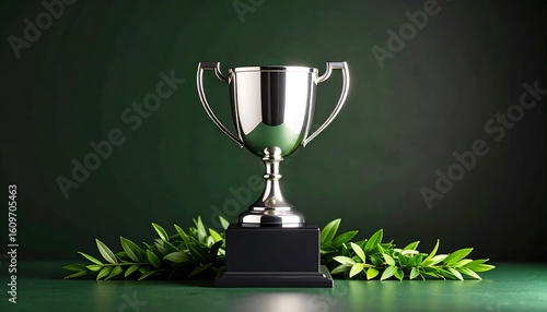 Polished silver trophy on dark green surface, flanked by greenery