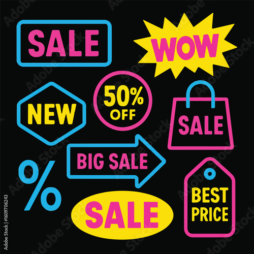 A vibrant red set of sale labels and tags, perfect for promoting new offers and discounts in retail shop banner designs