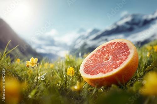 Fototapeta Naklejka Na Ścianę i Meble -  Half grapefruit resting in green grass with yellow flowers and snowy mountains in background citrus food
