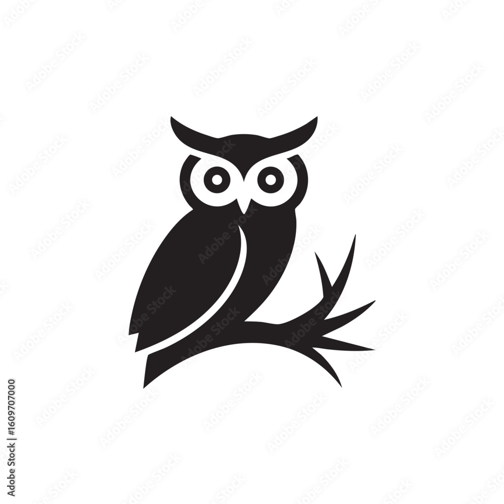 Fototapeta premium Black owl perched on a stylized tree branch bird silhouette