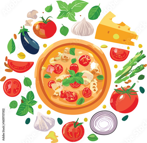 A vibrant illustration of a pizza surrounded by a circular arrangement of fresh ingredients like tomatoes, basil, and cheese.
