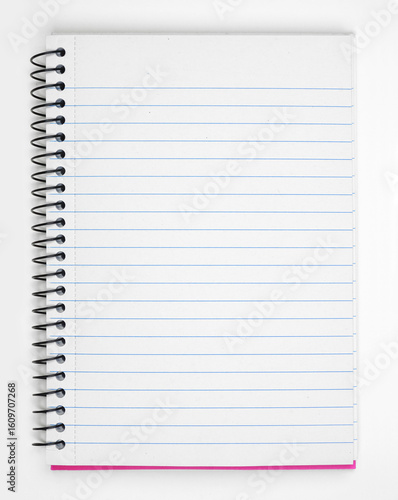 Open coil notebook with blank lined paper page over a white background. Copy space.