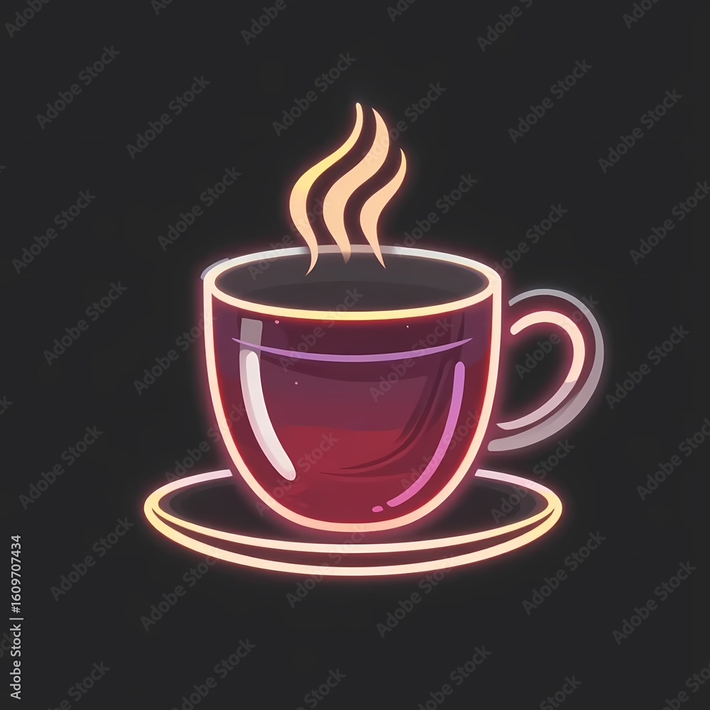 Obraz premium Illustration of steaming coffee cup with saucer glowing with neon colors, modern vibrant artwork of hot beverage in digital style, colorful food and drink concept