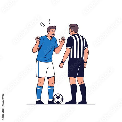 A soccer player argues with a referee over a disputed call, highlighting tension and disagreement in a game.