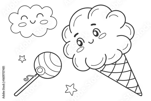 Coloring Pages, cartoon cotton candy on stick, colorless, uncolored, black and white for coloring book, coloring page, kids