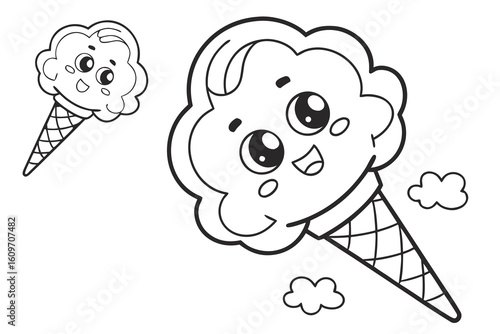 Coloring Pages, cartoon cotton candy on stick, colorless, uncolored, black and white for coloring book, coloring page, kids