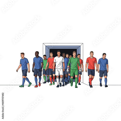 A soccer team of players walking out of a doorway, ready to play.