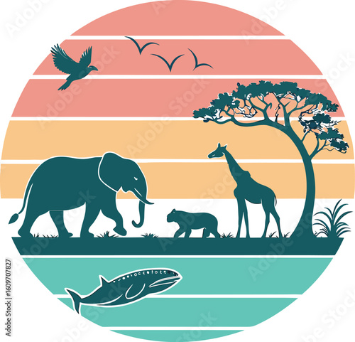 Vibrant Wildlife Conservation Graphic with Animal Silhouettes in Pastel Circle