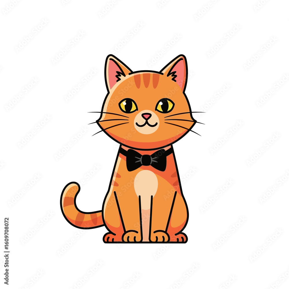 Obraz premium A charming cartoon cat with orange fur, a black bow tie, and a happy expression.