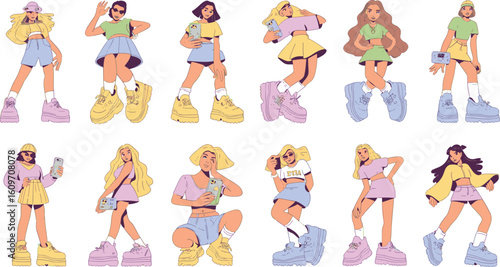"Y2K Fashion Girls Vector Pack – Pastel Aesthetic, Crop Tops, Mini Skirts & Flip Phones"