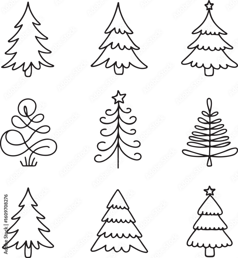 Fototapeta premium Hand Drawn Doodle Christmas Tree Set Vector Line Art Collection