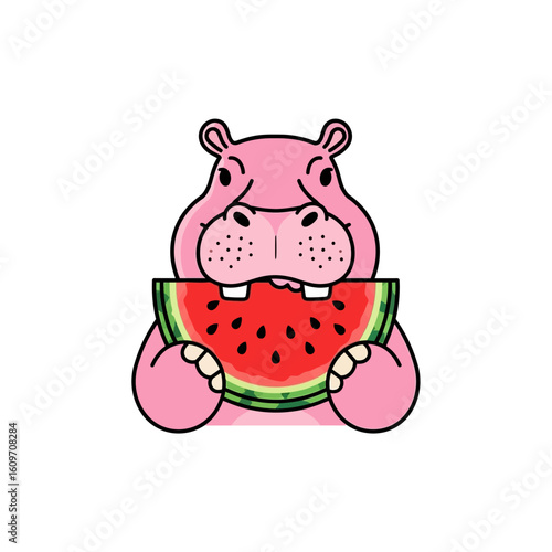A cartoon hippopotamus happily eating a large, juicy slice of watermelon.
