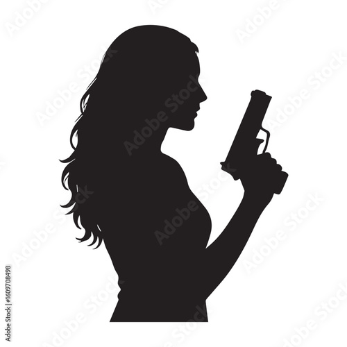 Silhouette of Woman Holding Gun – Female Agent Vector

