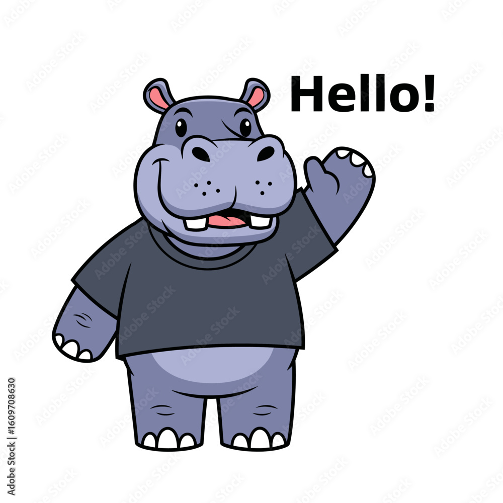 Fototapeta premium Cartoon hippopotamus wearing a t-shirt and waving hello.