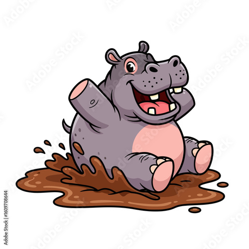 Cheerful cartoon hippopotamus splashing and playing happily in brown mud.