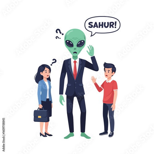A confused alien in a suit announces "Sahur!" to bewildered humans.
