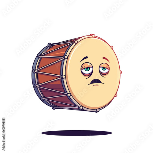 Cartoon drum with a sad facial expression, featuring downturned eyes and a mustache.