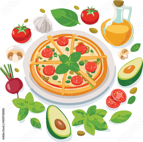 A vibrant illustration of a pizza surrounded by fresh, healthy ingredients like avocado, tomatoes, and basil.