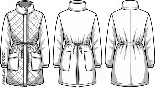 Coat design front and back view, high collar, flap pockets, quilted detail, drawstring waist, fashion sketch, clothing template, apparel layout