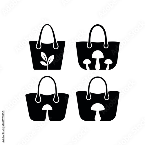 Four black shopping bags with white cutouts of plants and mushrooms tote bag silhouette
