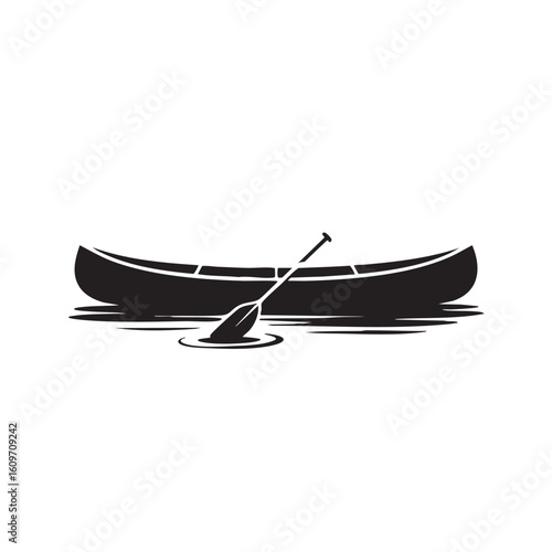 Black silhouette of a canoe with a paddle on water lake