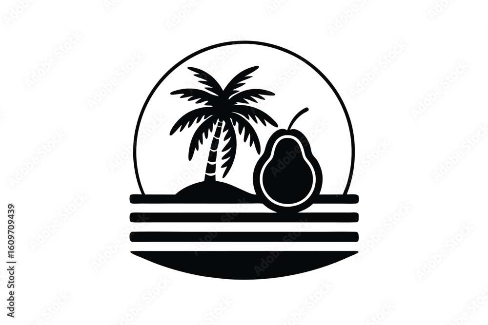 Fototapeta premium Tropical Sunset Scene with Palm Tree and Avocado on a Towel