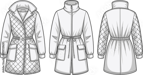 Quilted coat design front back view, high collar up down option, belt waist, cuffs, fashion illustration, clothing sketch, template