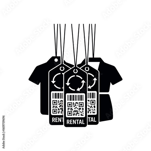 Black t shirts with rental tags featuring Q R codes and circular arrows clothing label