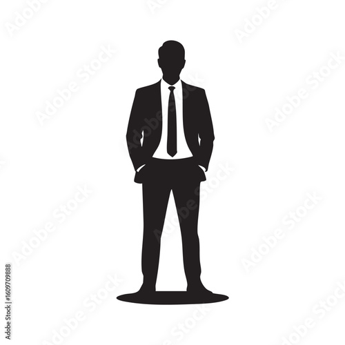 Black silhouette of a man in a suit with hands in pockets businessman
