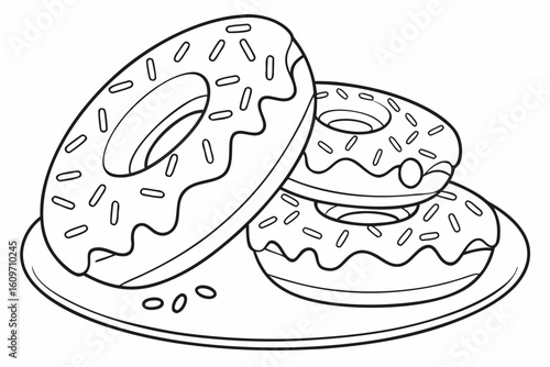 Coloring Pages, cartoon donuts with sprinkles, colorless, uncolored, black and white for coloring book, coloring page, kids