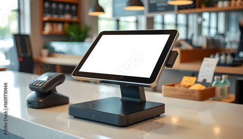 Modern POS system with blank screen sits on a cafe counter.