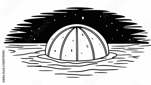 Explore futuristic dome home on alien planet landscape with stars and water line art vector design