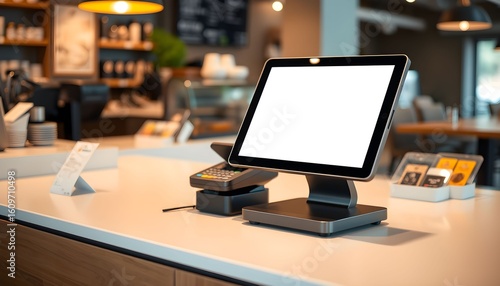 Modern point-of-sale system with blank screen sits on a cafe counter.