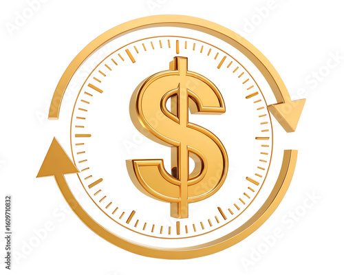 A golden dollar sign within a circular frame with time markings and arrows, signifying financial timing isolated on transparent background
