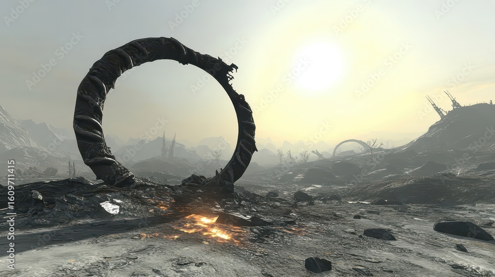 Fototapeta premium Surreal Landscape with Ancient Arch and Alien Horizon at Sunset