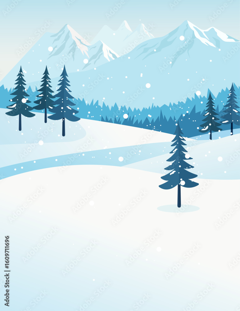 Naklejka premium Flat vector winter illustration with snowy mountains, pine trees and falling snow. Minimal and peaceful seasonal landscape. Ideal for holiday cards, web design, posters, prints, and backgrounds.