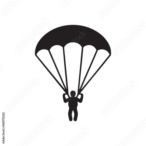 Black silhouette of person descending with parachute skydiving skydiver
