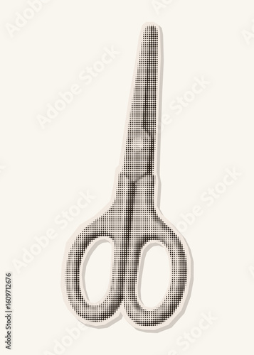 Retro halftone scissors illustration. Vintage magazine cutout style. Photocopy texture. Ideal for school and craft design projects, DIY graphics, mixed media collages.