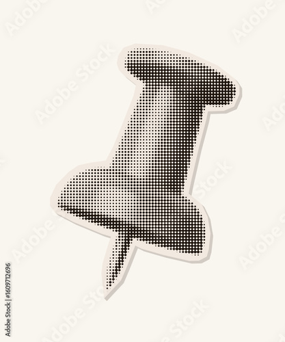 Retro halftone illustration of a push pin. Vintage magazine cutout style. Photocopy texture. Perfect for school projects, office designs, scrapbooking elements, mixed media collages.