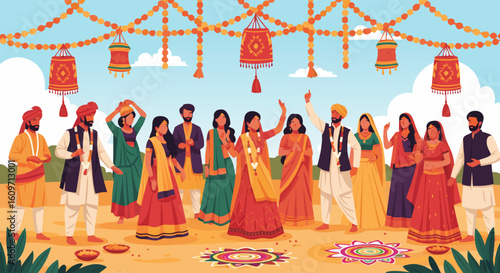 Vector SVG Illustration of Traditional Indian Wedding Scene with People and Festive Decorations in Modern Flat Style