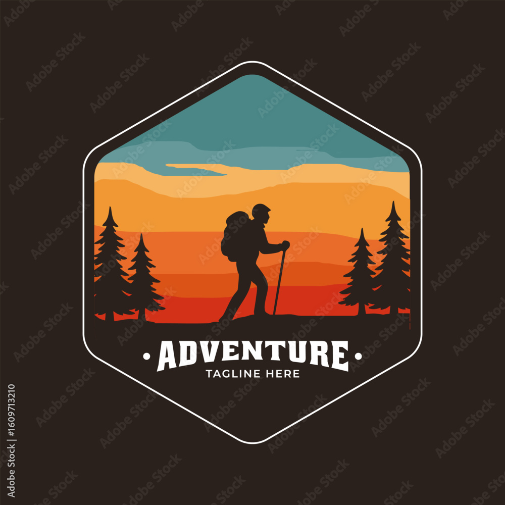 Fototapeta premium Adventure badge with hiker silhouette, pine trees, and sunset mountain landscape in hexagon shape.