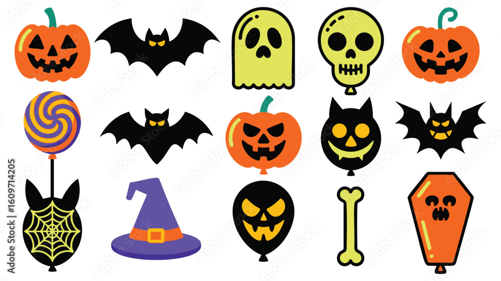 Fototapeta premium Halloween Icons Pumpkins Bats Skulls More