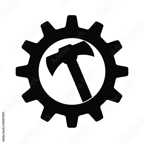 Gear with Hammer Silhouette Inside Symbolizing Industry Construction and Labor in Black and White