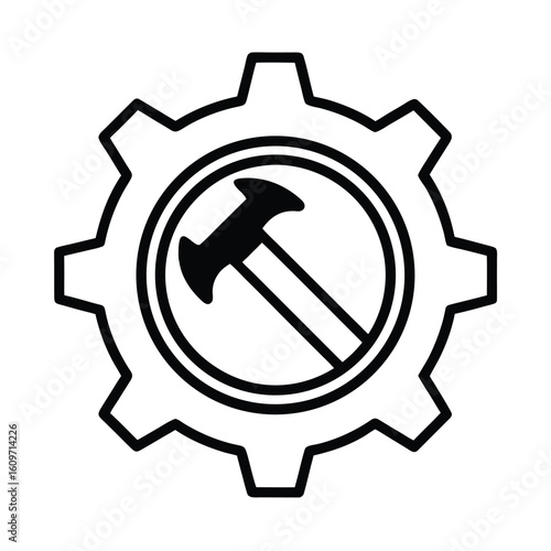 Gear with Hammer Icon Symbol for Repair Construction and Industry