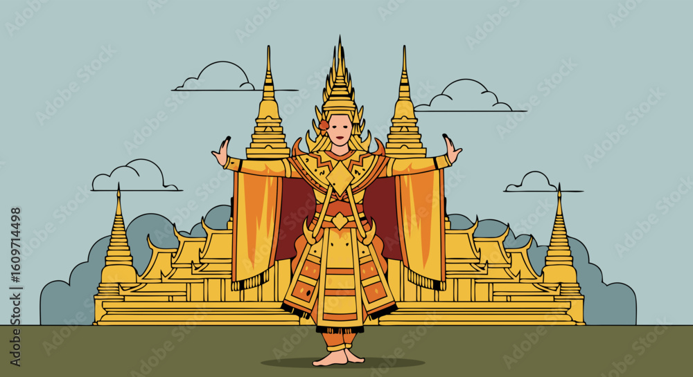 Obraz premium Decorative Vector SVG Illustration of Traditional Thai Mythical Character with Golden Elements in Flat Style for Cultural Design