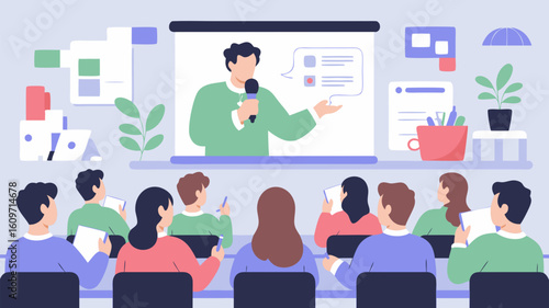 Flat Vector SVG Illustration of Business Presentation Scene with Audience and Presenter in Modern Minimalist Style with Soft Colors